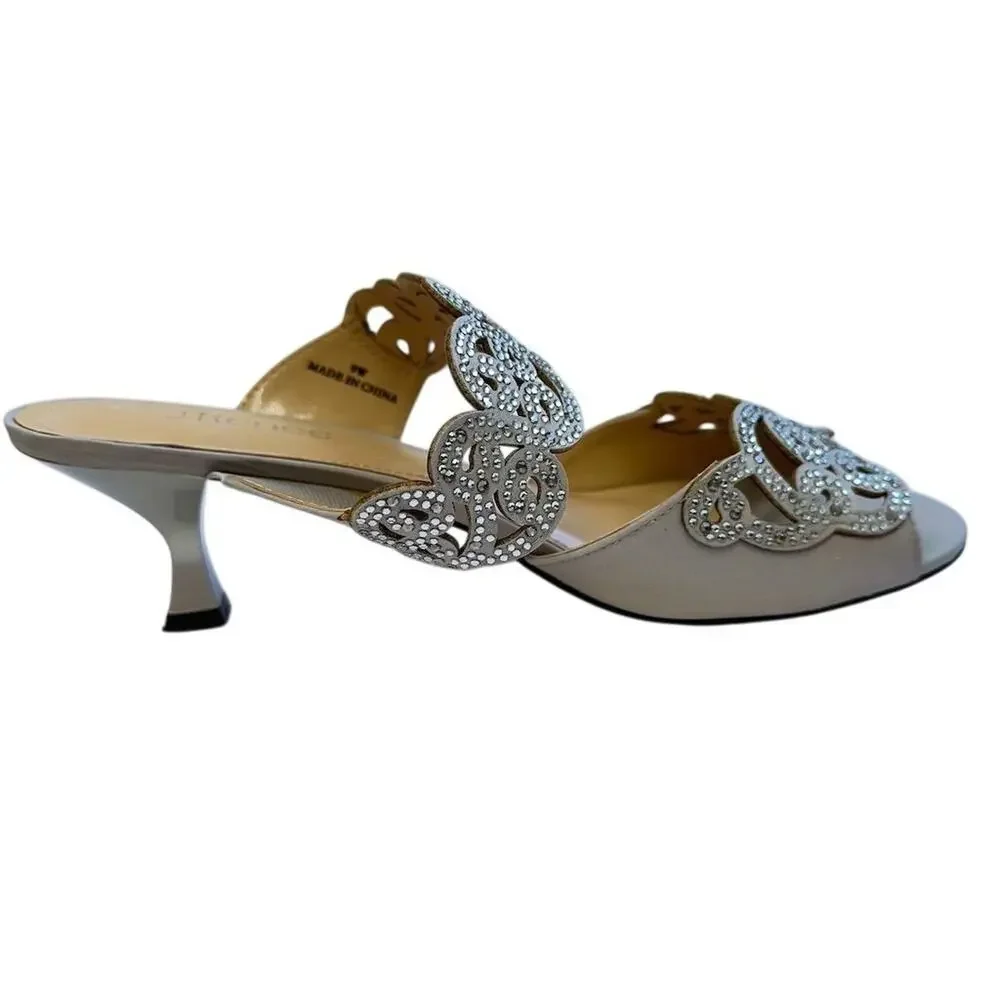 J Renee Francie Silver Low Heel‎ Sandals 9W Rhinestone Embellished - Picture 3 of 9